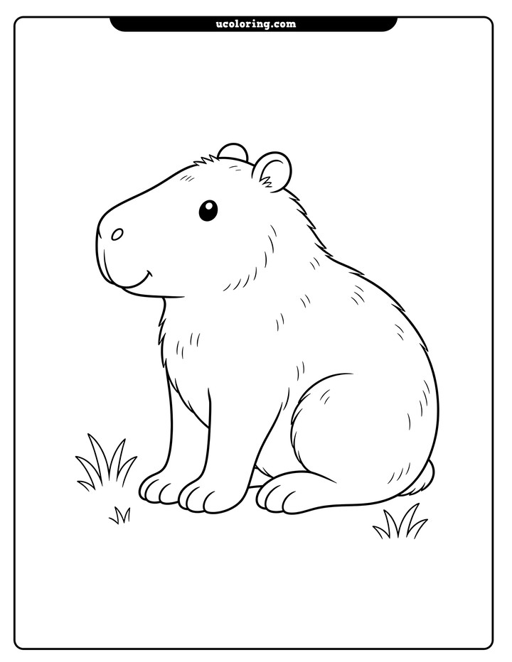 A cute side-view capybara sitting with small grass tufts near its feet coloring page