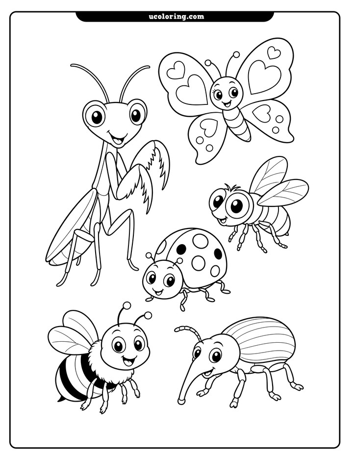 Six smiling bugs, including a praying mantis, butterfly, ladybug, bumblebee, fly, and weevil coloring page