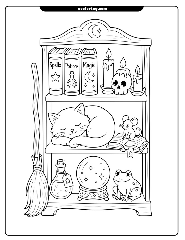 A sleeping cat rests in a witch's bookcase with books, candles, a mouse, crystal ball, frog, and broom coloring page