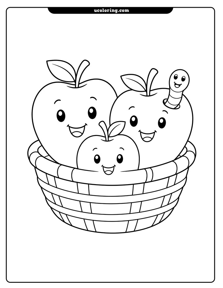 Three smiling apples with leaves in a woven basket, with a smiling worm on the right apple coloring page