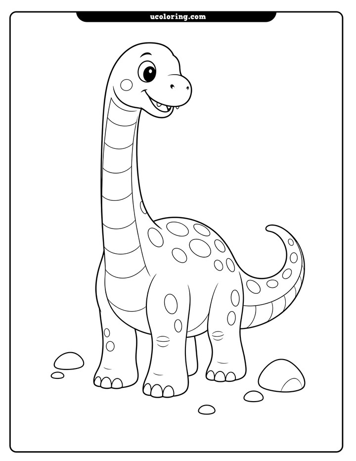 Smiling baby brachiosaurus with a long upright neck, spots, curved bands, and small rocks coloring page