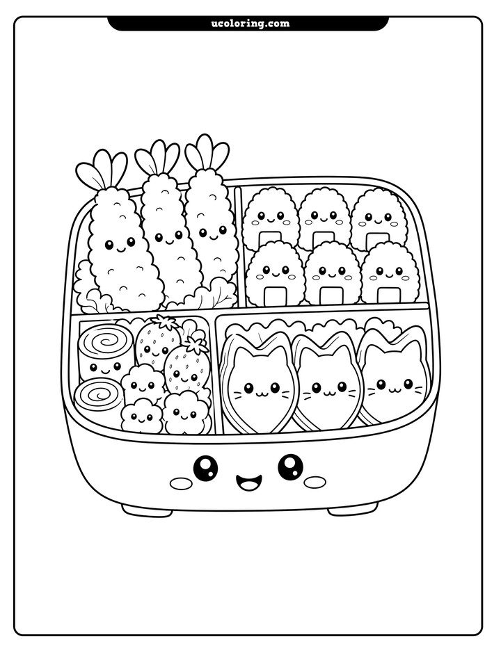 A smiling bento box with fried shrimp, cat-face foods, sushi, strawberries, and flower-shaped snacks coloring page