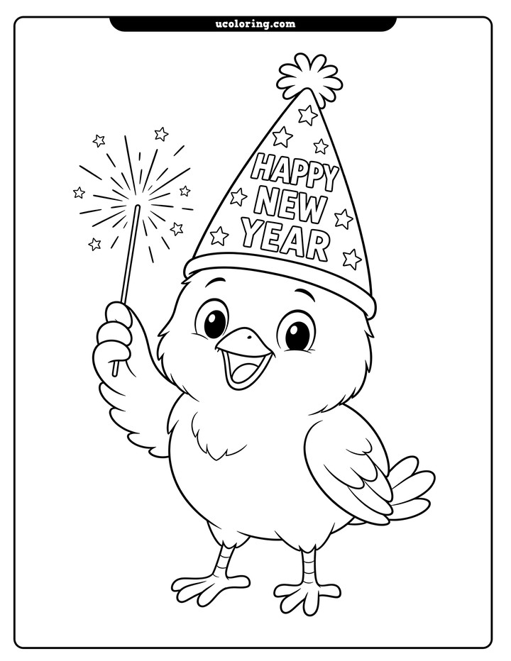 Smiling bird in a star-decorated "HAPPY NEW YEAR" party hat holding a sparkler coloring page