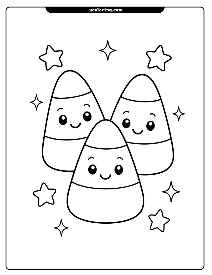 Three smiling candy corn pieces with stars and sparkles on a white background coloring page
