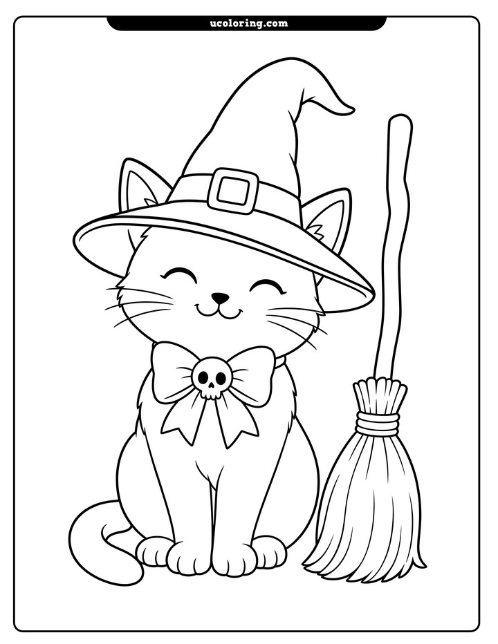A smiling cat in a pointed witch hat and skull-decorated bow sits beside an upright broomstick coloring page