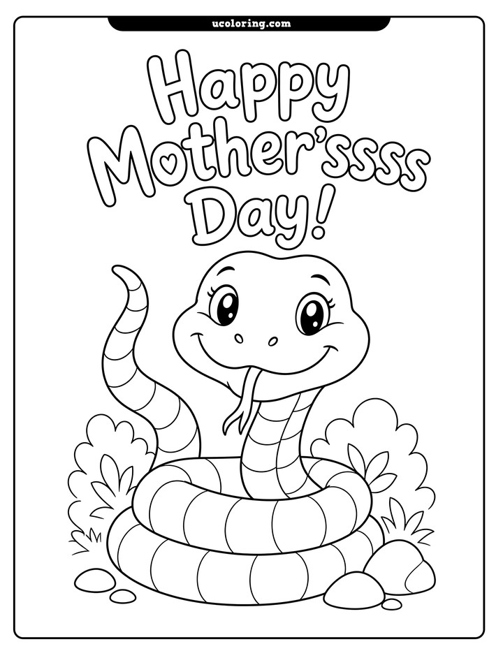 A smiling striped snake with a curled tail beneath "Happy Mother'ssss Day!" hand lettering coloring page