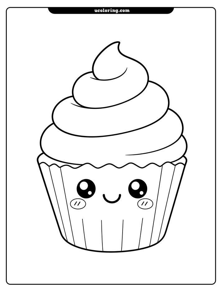 A smiling cupcake with round eyes, cheek marks, and swirled frosting on a plain background coloring page