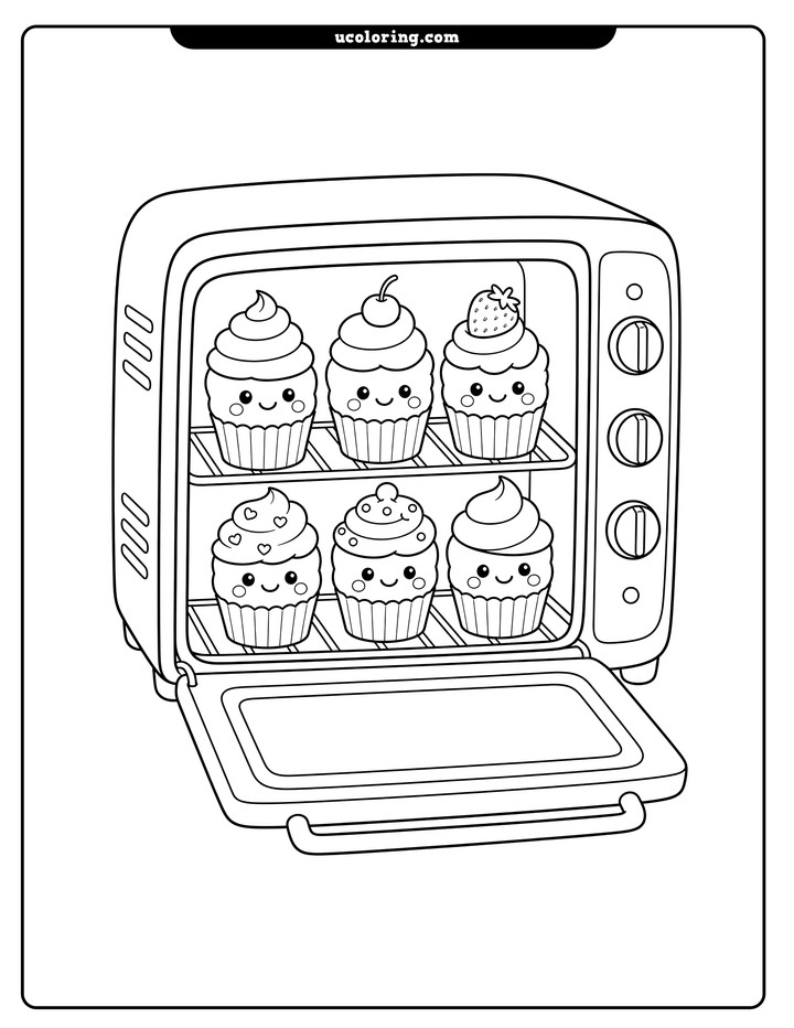An open kitchen oven holding six smiling frosted cupcakes on wire racks coloring page