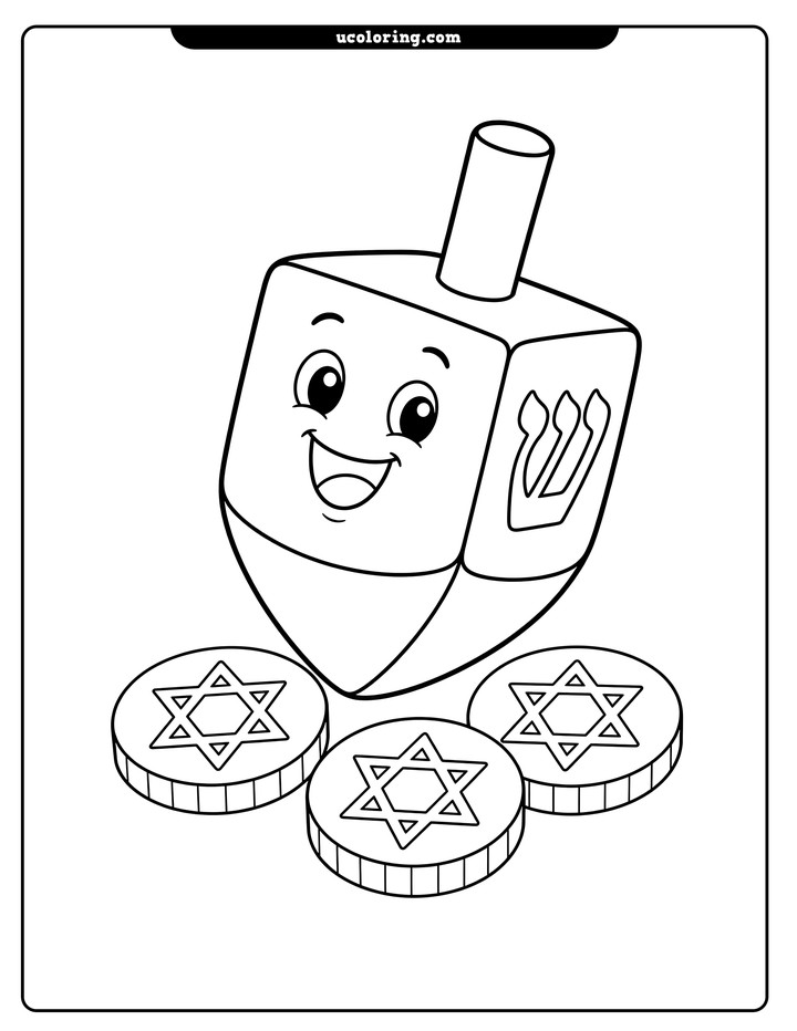 A smiling dreidel tilted as if spinning above three chocolate gelt coins coloring page