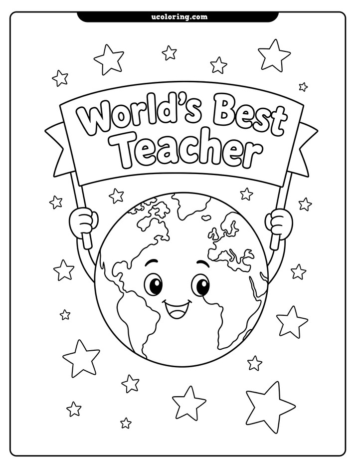 Smiling Earth with continents holds a "World's Best Teacher" banner amid scattered stars coloring page