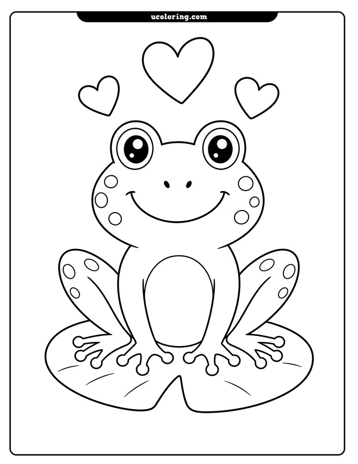 A smiling frog with spotted cheeks sits on a lily pad beneath three hearts coloring page