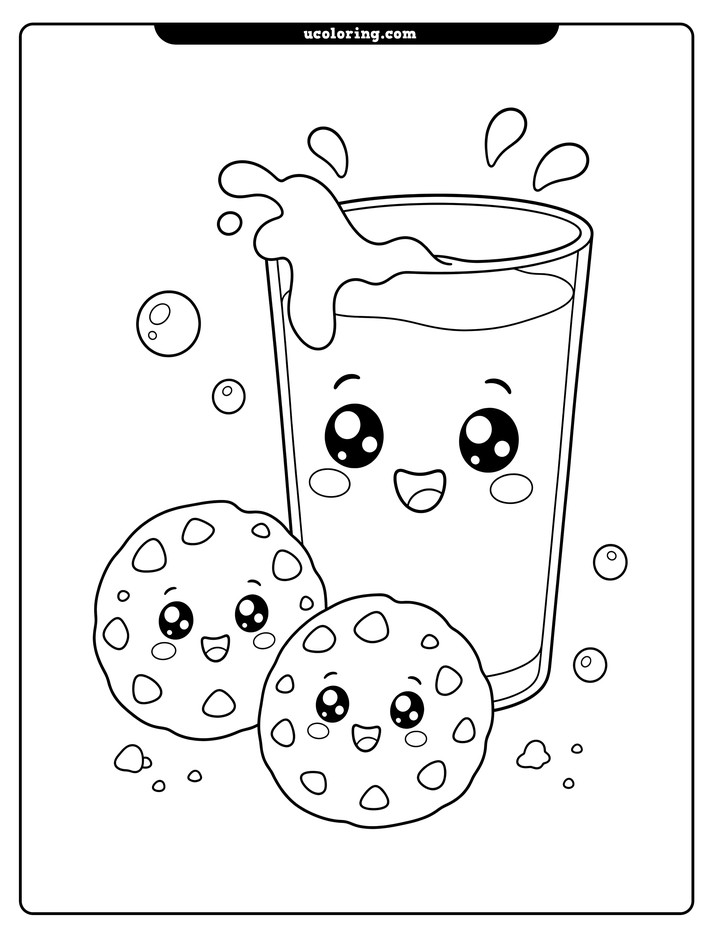 Smiling glass of milk with a rim splash and two expressive chocolate-chip cookies coloring page