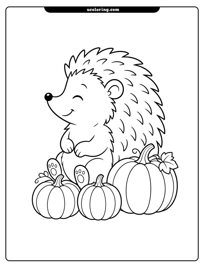 A smiling, closed-eyed hedgehog sits beside three pumpkins in bold fall-themed line art coloring page