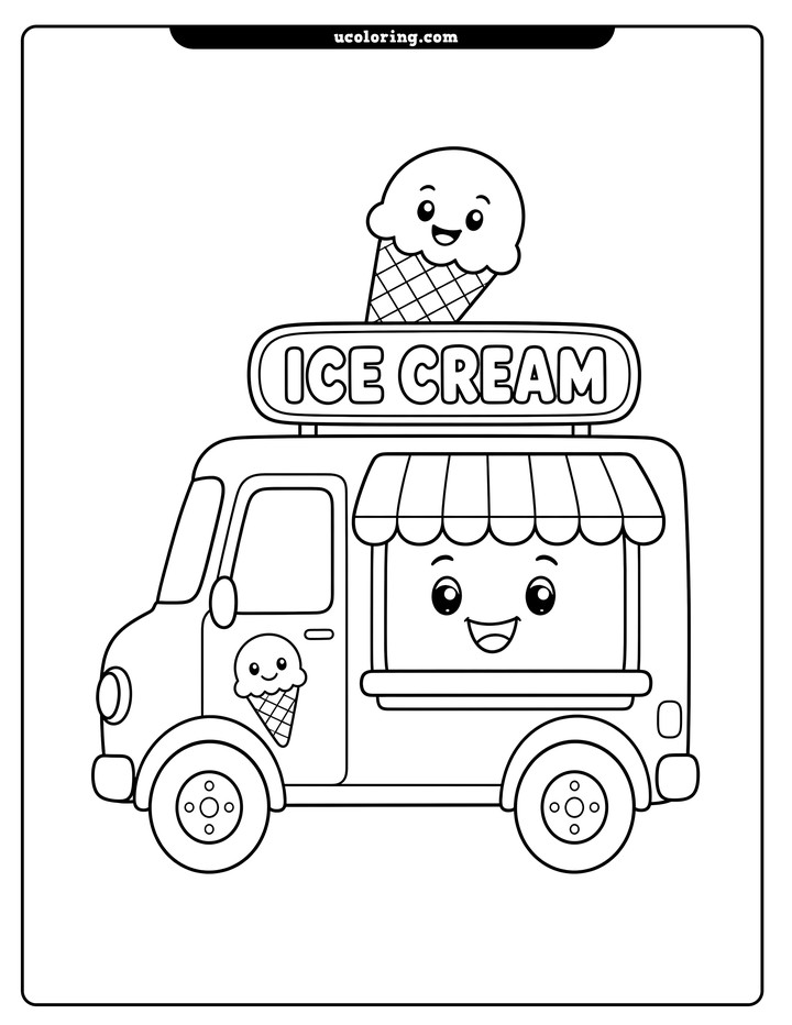 A smiling ice cream truck with two wheels, striped awning, ice cream cones, and an "ICE CREAM" sign coloring page