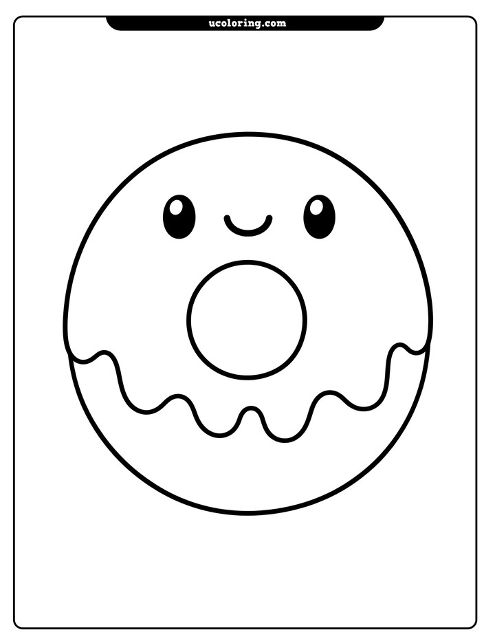 A large smiling iced ring donut with a center hole in bold clean line art coloring page