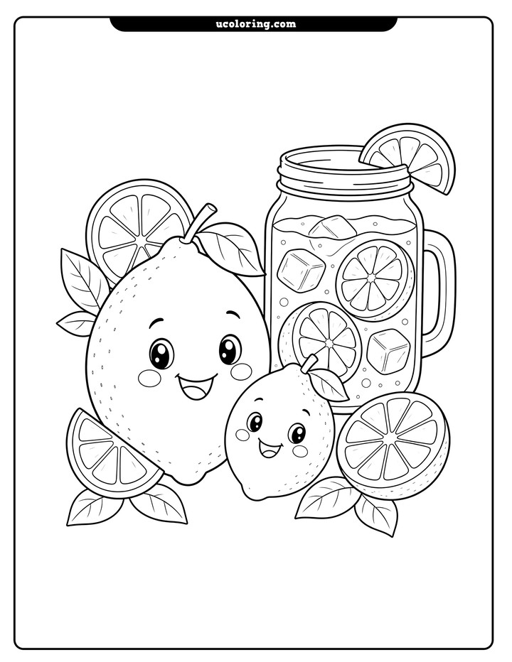 Two smiling lemons beside a lemonade-filled mason jar with lemon slices, ice cubes, leaves, and open space coloring page