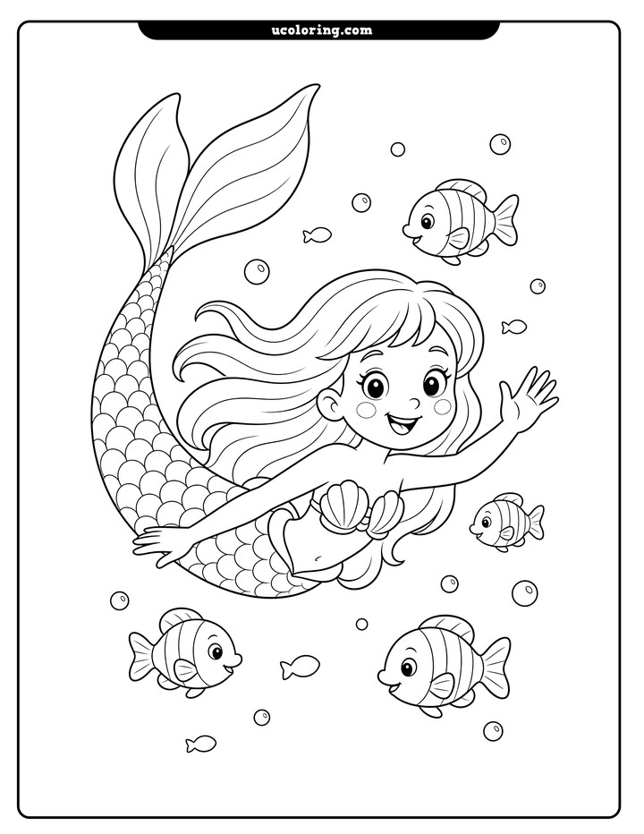 Smiling young mermaid with flowing hair, scaled tail, tropical fish, and bubbles in open water coloring page