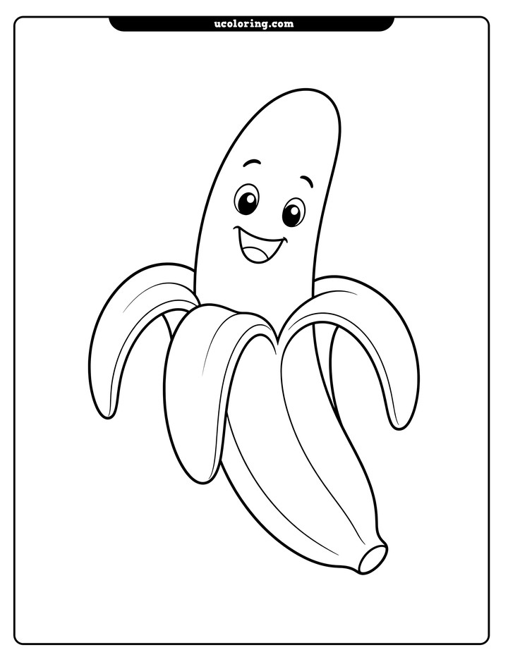 Bold line art of an upright smiling peeled banana with its peel curved outward coloring page