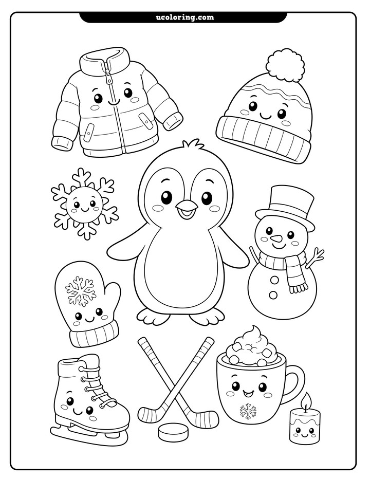 Smiling penguin surrounded by friendly winter objects, including a snowman, clothing, skates, cocoa, and hockey sticks coloring page