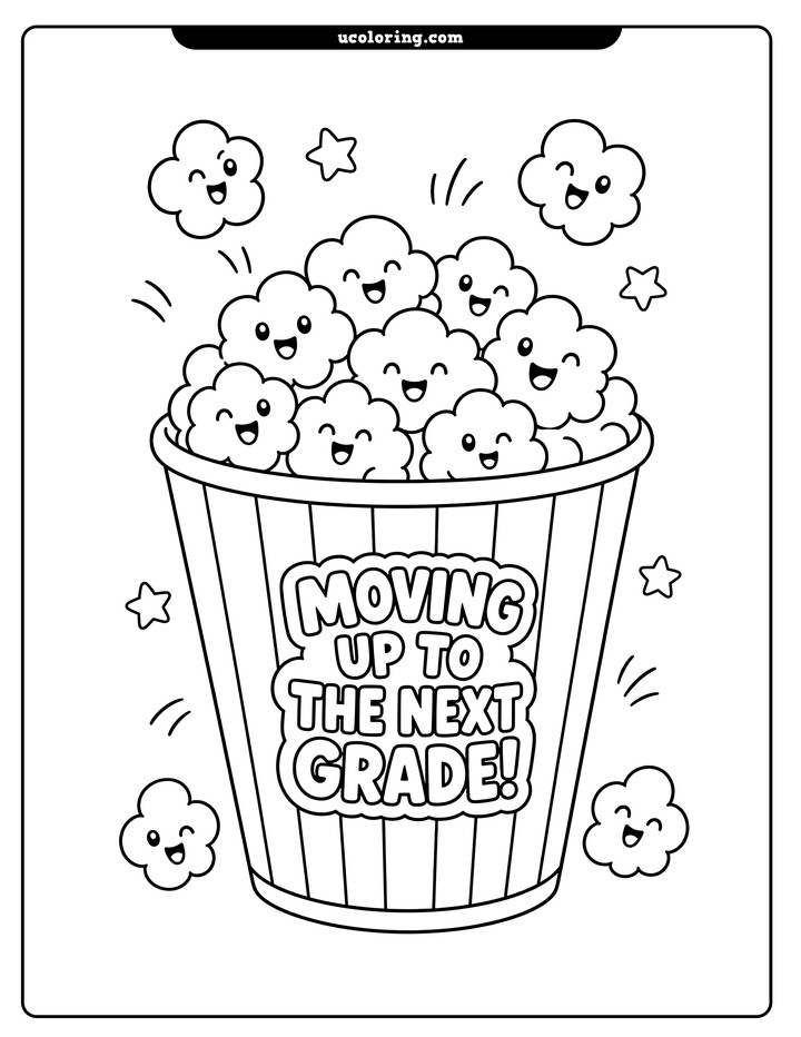 A centered bucket filled with smiling popcorn, with pieces floating around it coloring page