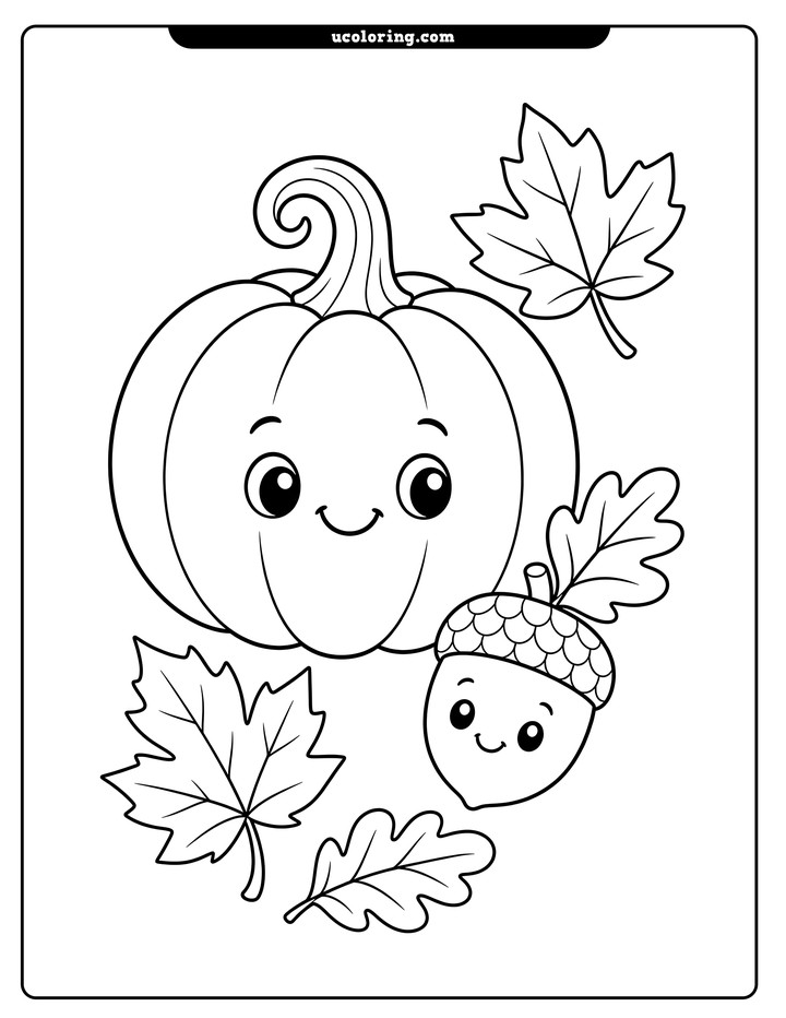 A smiling pumpkin with a curly stem, a happy acorn, and large fall leaves coloring page