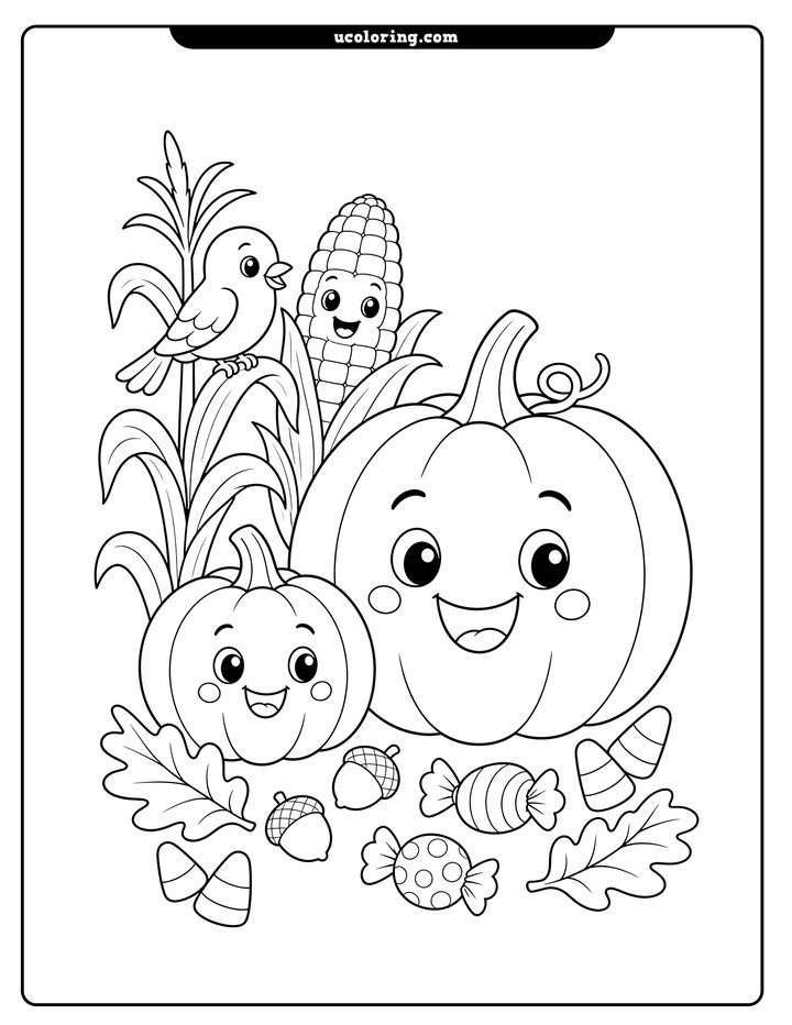 Smiling pumpkins with a bird on corn stalks, acorns, leaves, and candy on a Halloween coloring page