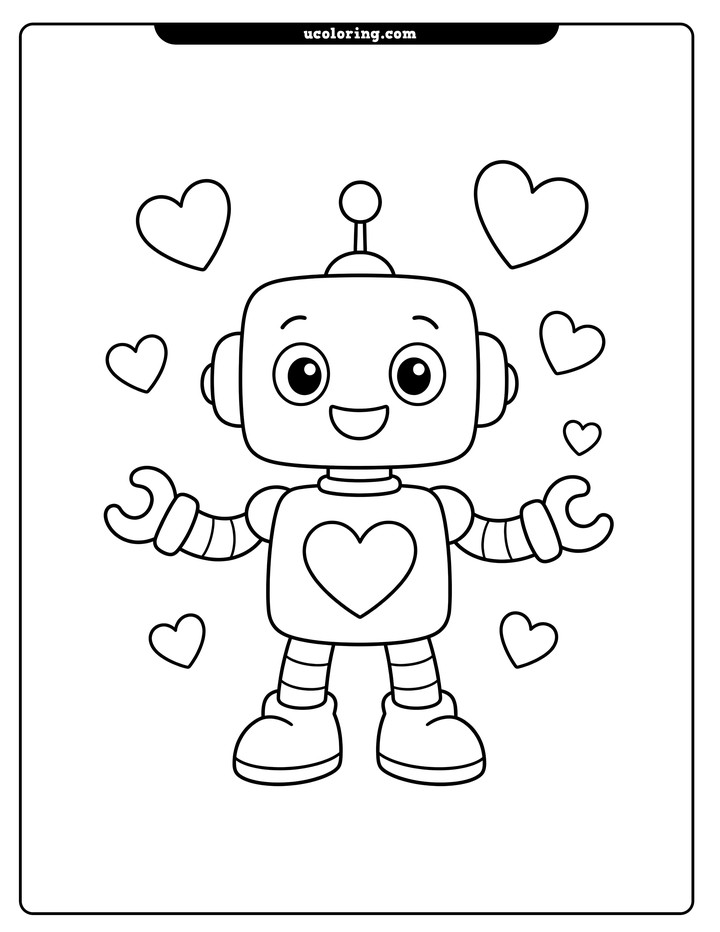A smiling robot with a heart on its chest, an antenna, and floating hearts coloring page