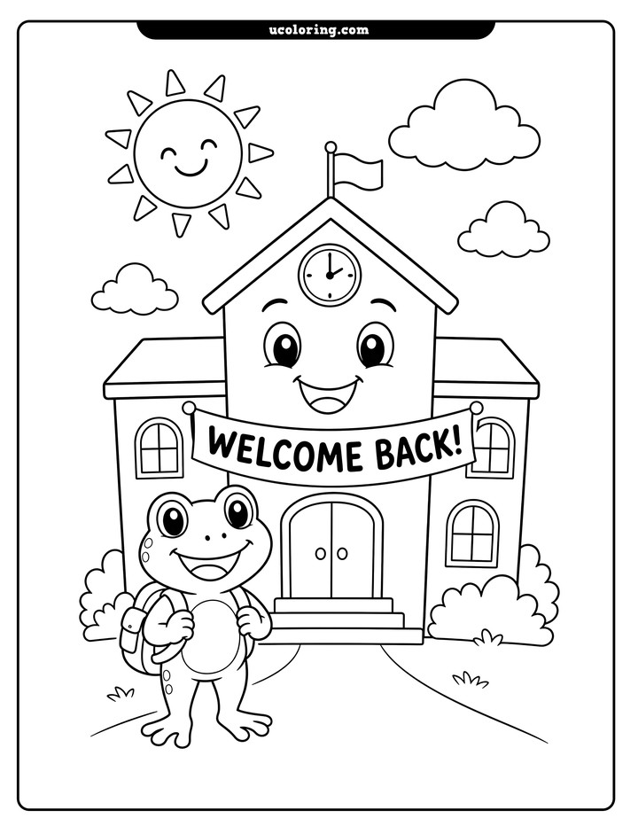 A smiling school building with a banner, a backpack-wearing frog, sun, and clouds coloring page