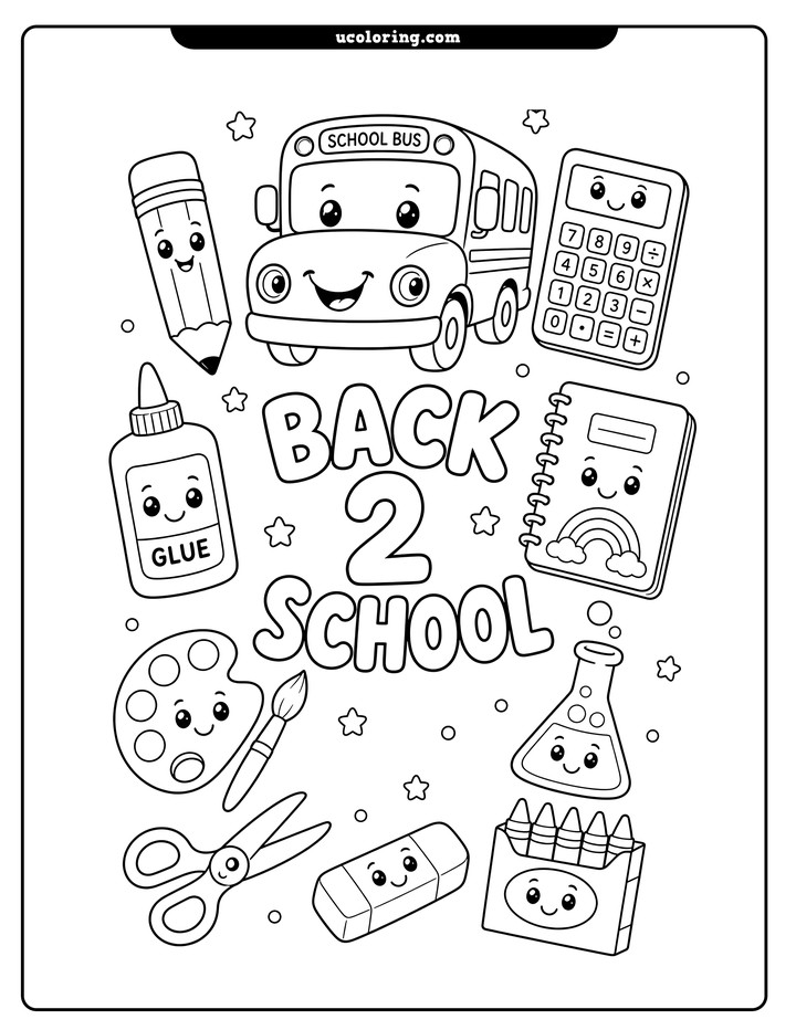 Smiling school bus surrounded by cheerful school supplies in bold line art coloring page