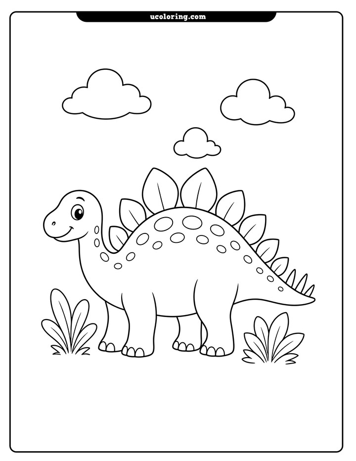 A smiling stegosaurus with leaf-shaped plates, leafy plants, and clouds coloring page