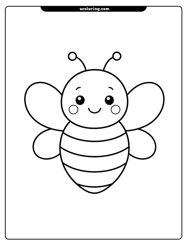 A smiling striped bee with rounded wings and short antennae on a plain background coloring page