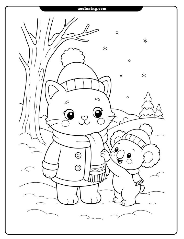 A snowcat in winter clothes stands beside a koala adjusting its scarf in a snowy landscape coloring page