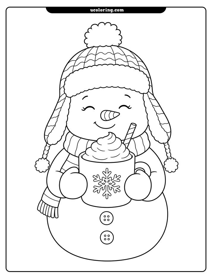 Centered snowman in an ear-flap hat holding a snowflake mug with whipped cream and a striped straw coloring page