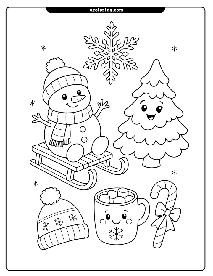 Snowman on a sled with a snowy pine tree, snowflake, winter hat, marshmallow mug, and candy cane coloring page