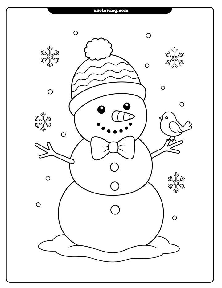 A smiling snowman in a wavy hat and bow tie holds a small bird as snowflakes fall coloring page