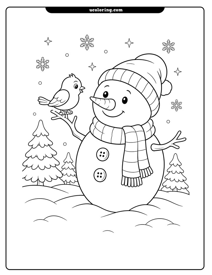 A smiling snowman with a songbird on its twig arm stands among snowy pine trees, snowflakes, and sparkles coloring page