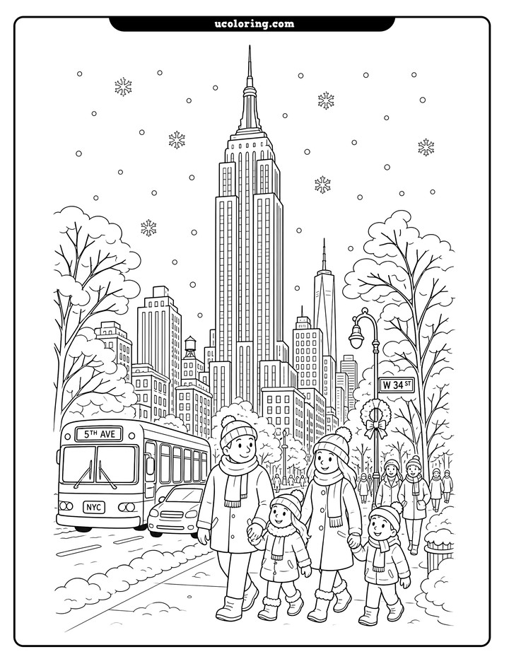 Bundled pedestrians, a bus, snowy trees, and a central Art Deco skyscraper on a New York City street coloring page