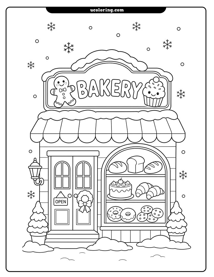 A snowy bakery storefront with a “BAKERY” sign, smiling gingerbread cookie and cupcake, doors, and a window full of baked goods coloring page
