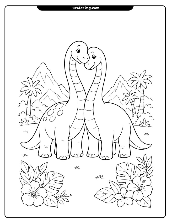 Two brachiosaurus dinosaurs snuggle with touching necks, mountains, trees, tropical leaves, and flowers on a coloring page