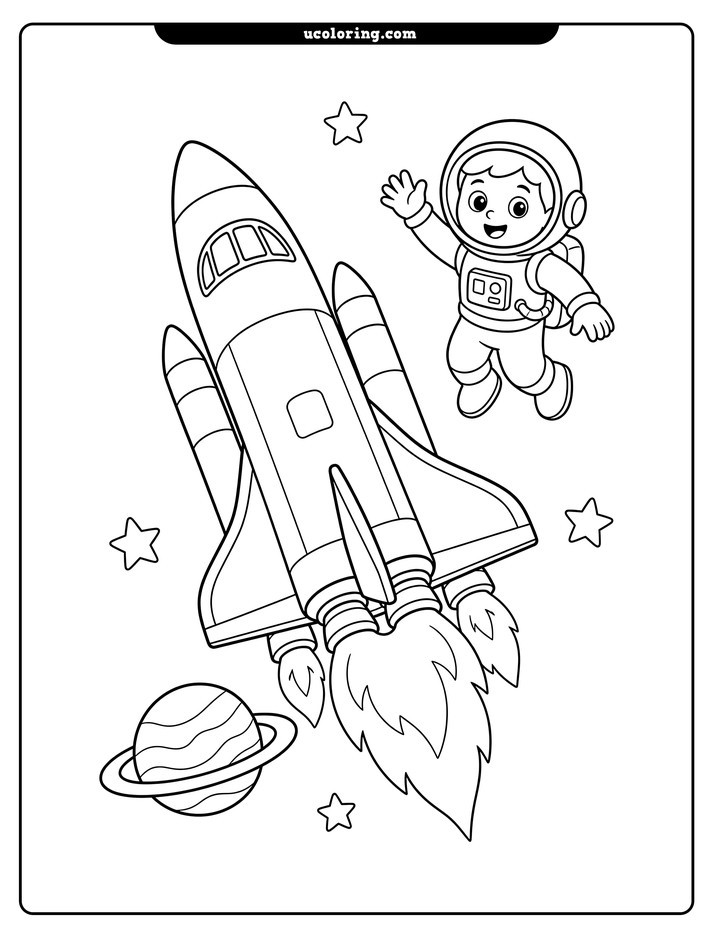 Space shuttle launching beside a waving astronaut, ringed planet, and stars coloring page