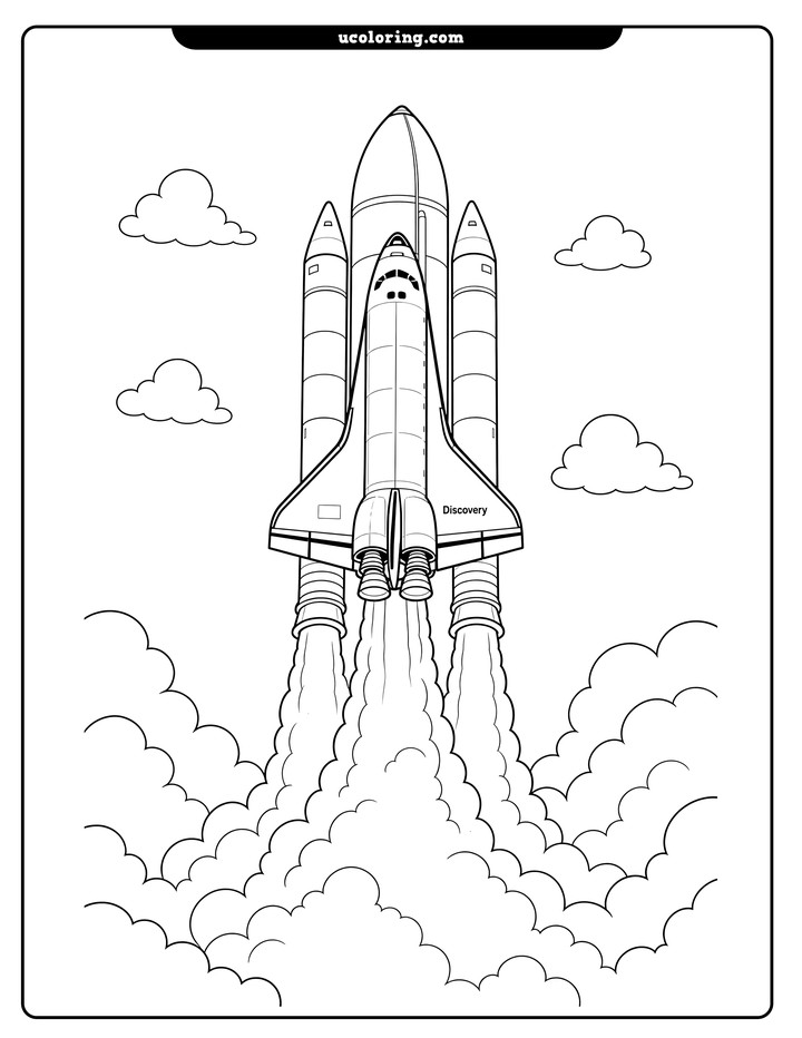 Space Shuttle Discovery launching upward above exhaust, smoke, and clouds coloring page