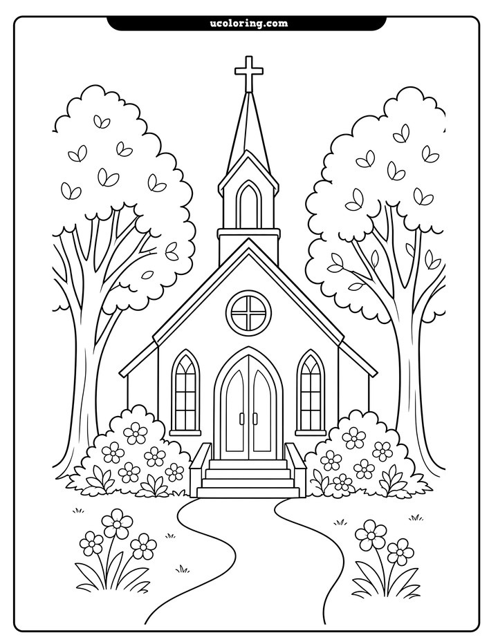 Spring church with a cross-topped steeple, trees, flowers, steps, and a curving path coloring page