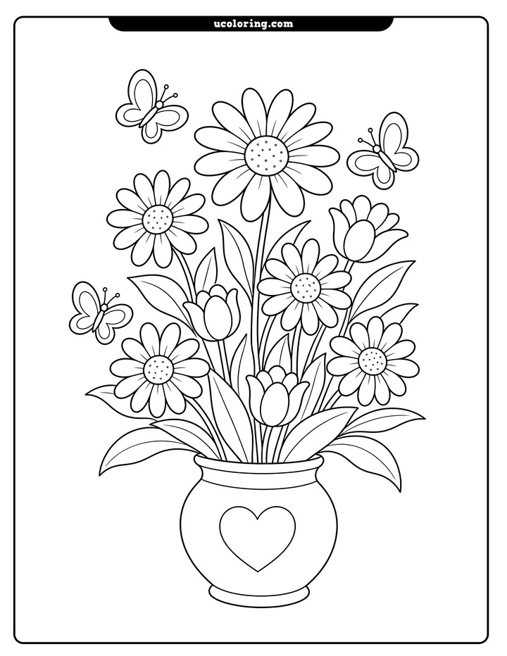 Spring bouquet with daisy-like flowers, tulip-like blooms, leaves, butterflies, and a rounded vase coloring page