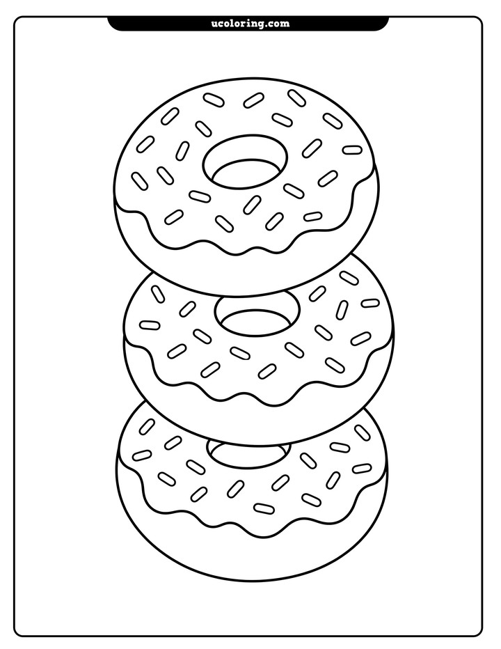 Three frosted doughnuts with sprinkles stacked vertically in bold black line art coloring page