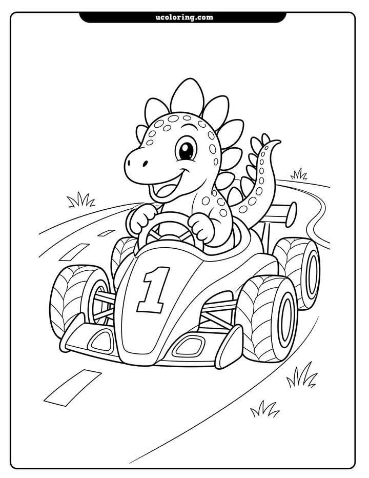 A smiling stegosaurus drives a front-facing open-wheel race car on a curving track coloring page