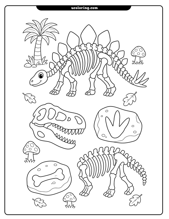 Friendly stegosaurus skeleton surrounded by dinosaur fossils, a tree, mushrooms, and leaves coloring page