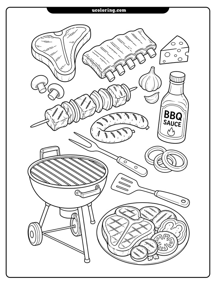 A charcoal grill, platter of grilled food, meats, vegetables, and barbecue tools in bold black-and-white line art coloring page