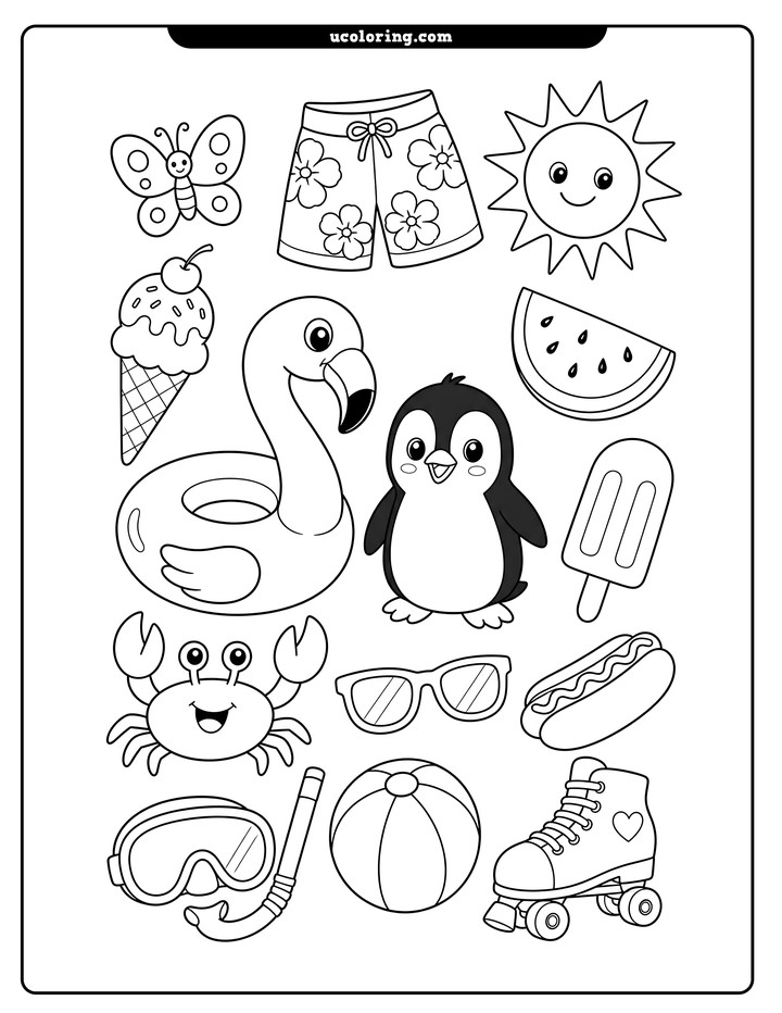 Summer objects with a crab, flamingo float, penguin, sun, beach items, and treats coloring page