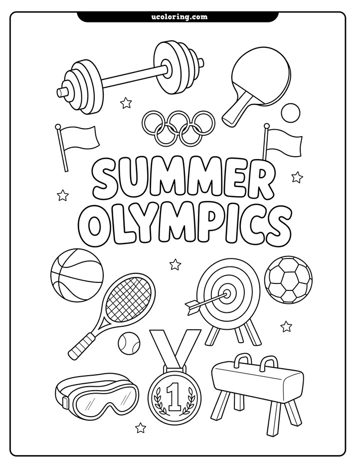 Sports equipment and symbols surrounding "SUMMER OLYMPICS" text coloring page