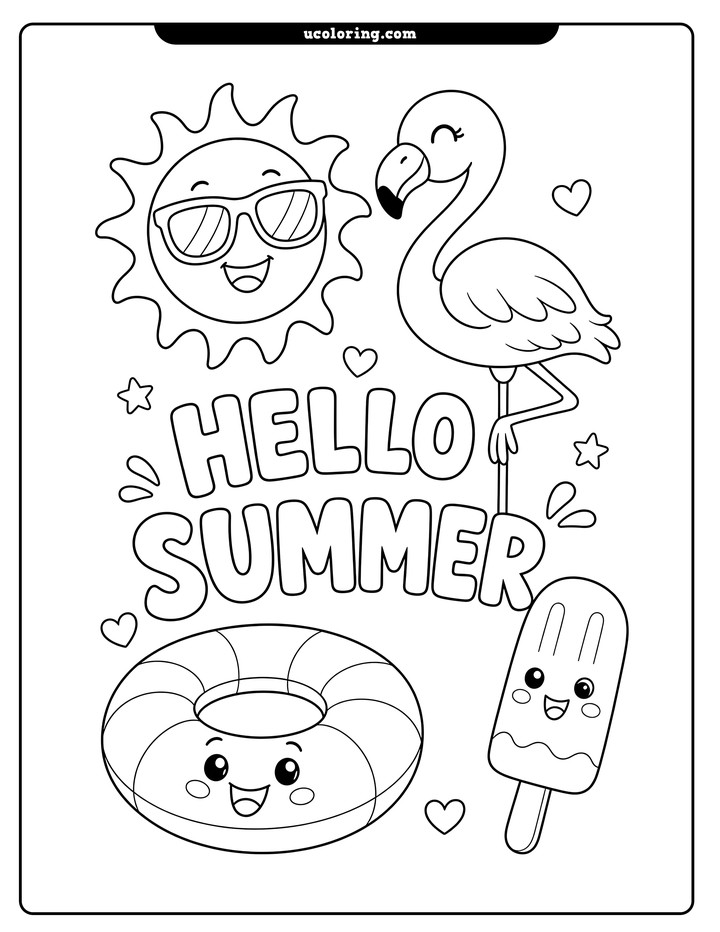 Smiling sun, swim ring, flamingo, and popsicle around "HELLO SUMMER" coloring page